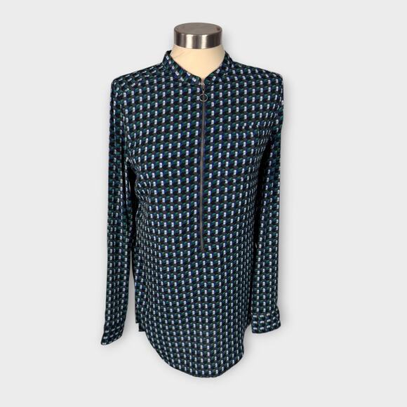 Halogen XS Blue Green Print Long Blouse Zipper Front Polyester - Picture 1 of 7